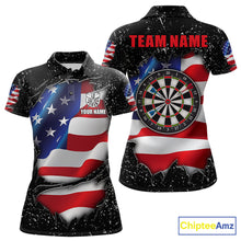 Load image into Gallery viewer, Black grunge American flag custom darts polo shirt for women, patriotic darts team jersey for league tournaments.