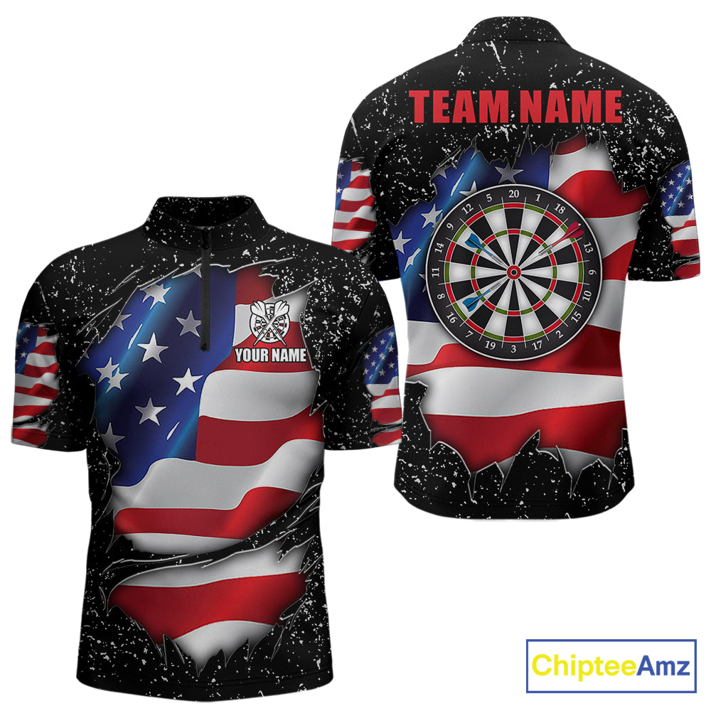 Black grunge American flag quarter zip darts shirt for men, custom darts team jersey and tournament apparel.