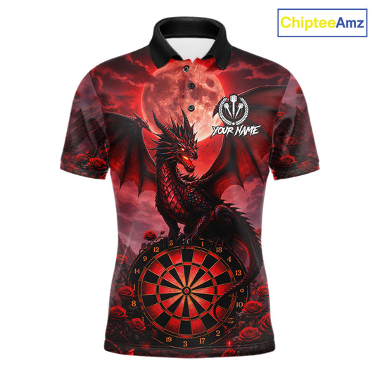 Black And Red Dartboard Roses And Dragon Darts Polo & 1/4 Zip Custom Men's Darts Team Jersey TDM5802