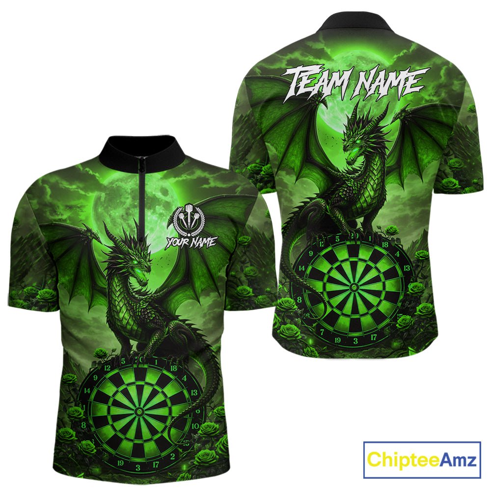 Black And Green Dartboard Roses And Dragon Darts Polo & 1/4 Zip Custom Men's Darts Team Jersey TDM5804