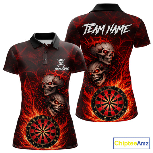 Personalized Red Flaming Skull Darts Polo & 1/4 Zip For Women Custom Fire Darts Team Jersey TDM5806