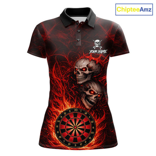 Personalized Red Flaming Skull Darts Polo & 1/4 Zip For Women Custom Fire Darts Team Jersey TDM5806