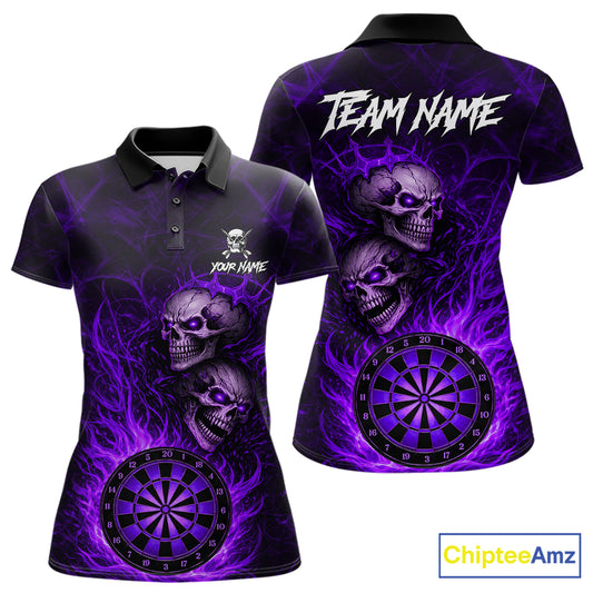 Personalized Purple Flaming Skull Darts Polo & 1/4 Zip For Women Custom Fire Darts Team Jersey TDM5807