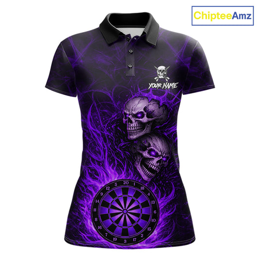 Personalized Purple Flaming Skull Darts Polo & 1/4 Zip For Women Custom Fire Darts Team Jersey TDM5807
