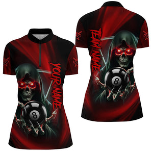 Red Billiard Reaper Skull Holding 8 Ball Women Quarter-Zip Shirt Team League Billiard Jersey TDM1530