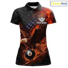 Load image into Gallery viewer, Flaming US Flag Eagle 8 Ball Billiard Shirt For Women Custom Patriotic Pool Jersey Polo &amp; 1/4 Zip TDM6411