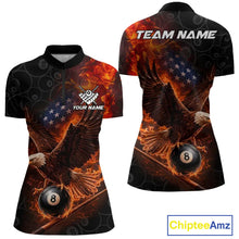 Load image into Gallery viewer, Flaming US Flag Eagle 8 Ball Billiard Shirt For Women Custom Patriotic Pool Jersey Polo &amp; 1/4 Zip TDM6411