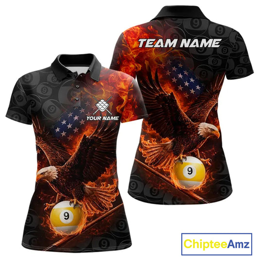 Flaming US Flag Eagle 9 Ball Billiard Shirt For Women Custom Patriotic Pool Jersey Polo & 1/4 Zip TDM6412