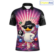 Load image into Gallery viewer, Billiard polo shirt with a cartoon duck holding a pool ball on a colorful background
