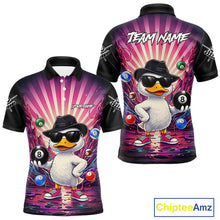 Load image into Gallery viewer, Billiard polo shirt with a cartoon duck holding a pool ball on a colorful background