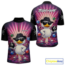 Load image into Gallery viewer, Billiard quarter zip shirt with a cartoon duck holding a pool ball on a colorful background