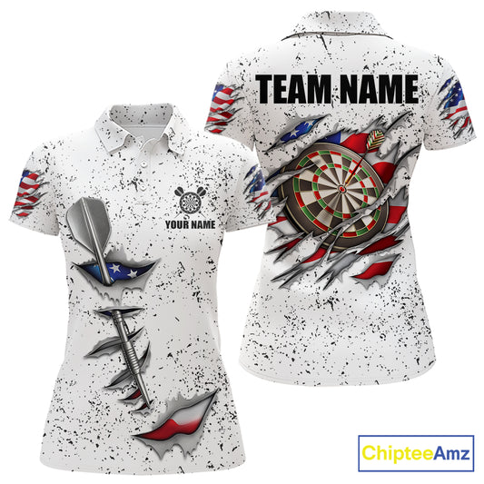 American flag steel tip dart darts team polo shirt for women with patriotic USA graphics.