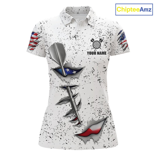 Personalized American flag steel tip dart custom darts polo shirt for women, patriotic darts team jersey.