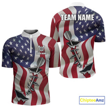 Load image into Gallery viewer, American flag steel tip dart quarter zip darts shirt for men, custom darts league jersey and tournament apparel.