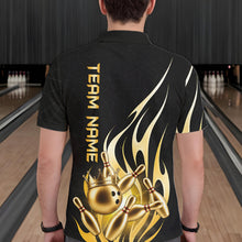 Load image into Gallery viewer, Back view of man wearing a black and gold bowling ball crown bowling polo shirt, custom bowling team jersey design.