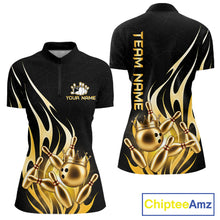 Load image into Gallery viewer, Black and gold bowling ball crown quarter zip bowling shirt for women.