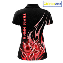 Load image into Gallery viewer, Black and red bowling ball crown custom bowling polo shirt for women.