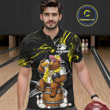 Load image into Gallery viewer, Man wearing a funny beer bear bowling polo shirt front view, custom bowling league jersey for men.