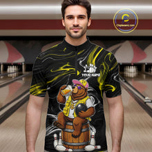 Load image into Gallery viewer, Man wearing a funny beer bear quarter zip bowling shirt front view, personalized bowling team apparel.