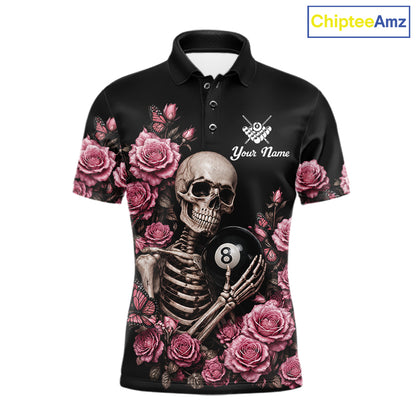 Custom Pink 8 Ball Pool Roses and Skeleton Gothic Billiard Polo Shirt Featuring Stylish Floral Gothic Artwork for Pool League Players and Unique Gift Ideas