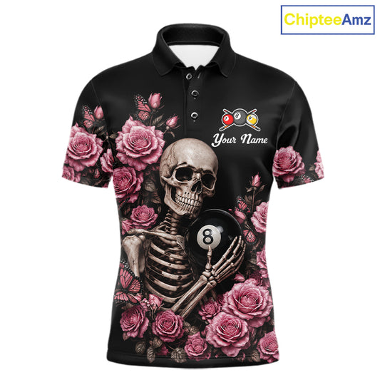 Custom Pink 8 Ball 9 Ball Roses and Skeleton Gothic Billiard Polo Shirt Featuring Elegant Gothic Artwork for Pool League Players, Team Competition, and Tournament Events
