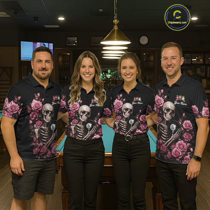 Pool Team Wearing Custom Pink 8 Ball 9 Ball Roses Skeleton Gothic Billiard Jerseys During League Competition and Tournament Events, Front View