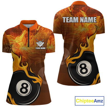 Orange Flaming 8 Ball Pool Billiard Shirt For Women Custom Fire Billiard Jersey Team Polo & 1/4 Zip TDM5316