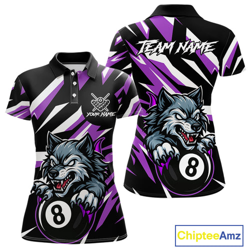 Black And Purple 8 Ball Wolf Billiard Shirt For Women Custom Billiard Jersey, Pool Team Shirt TDM5318