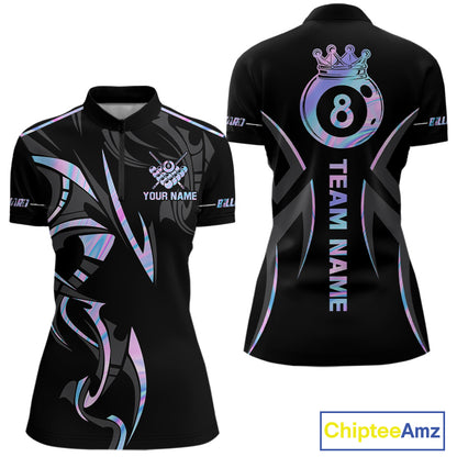 Custom Holographic 8 Ball Crown Billiard Shirts For Women, Pool Team Jersey Polo & 1/4 Zip |Black TDM6191
