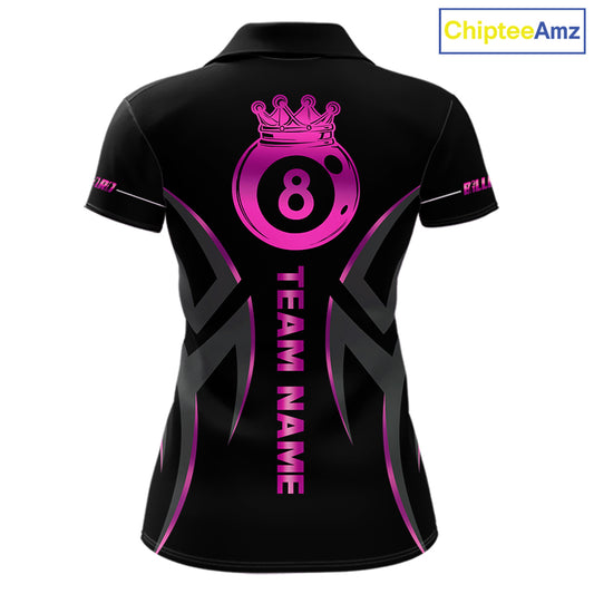 Custom Pink 8 Ball Pool Crown Billiard Shirts For Women, Billiard Team Jersey Polo & 1/4 Zip |Black TDM6193