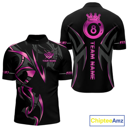 Custom Pink 8 Ball Pool Crown Billiard Shirts For Men, Billiard Team Jersey Polo & 1/4 Zip |Black TDM6193