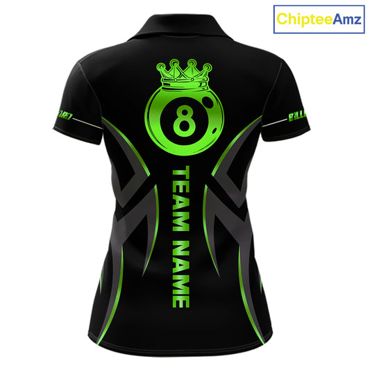 Custom Green 8 Ball Pool Crown Billiard Shirts For Women, Billiard Team Jersey Polo & 1/4 Zip |Black TDM6194