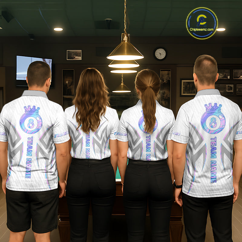 Custom Holographic 8 Ball Crown Billiard Shirts For Men, Pool Team Jersey Polo & 1/4 Zip |White TDM6195