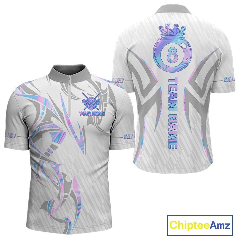 Custom Holographic 8 Ball Crown Billiard Shirts For Men, Pool Team Jersey Polo & 1/4 Zip |White TDM6195