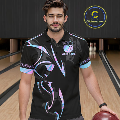 Custom Holographic Crown Bowling Ball Polo & Quarter Zip Shirt For Men, Bowling Team Jersey |Black TDM6196
