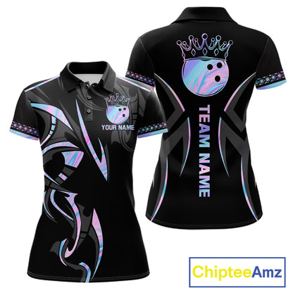 Custom Holographic Crown Bowling Ball Polo & Quarter Zip Shirt For Women, Bowling Team Jersey |Black TDM6196