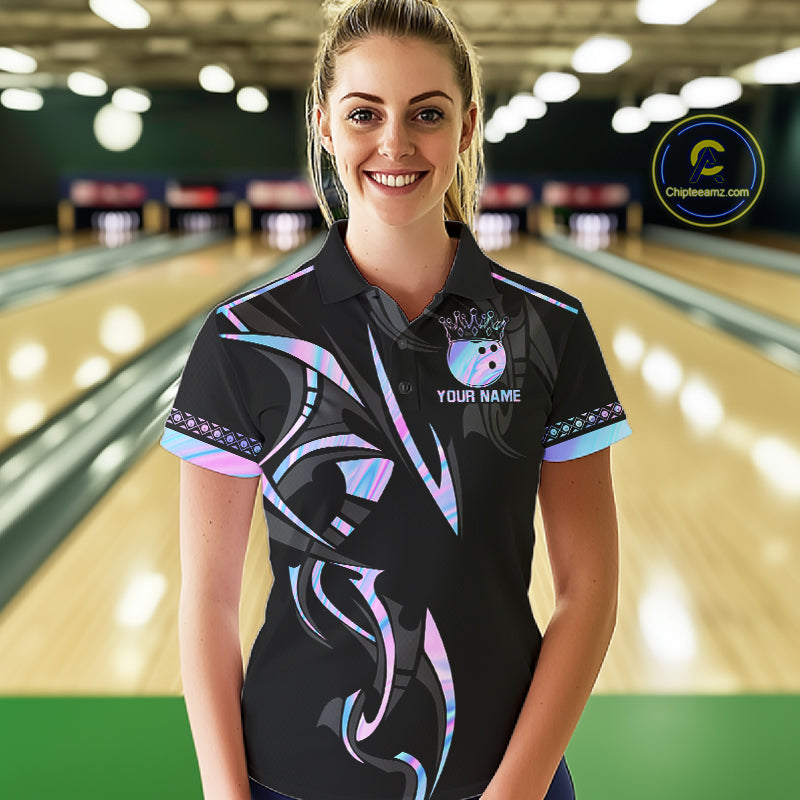 Custom Holographic Crown Bowling Ball Polo & Quarter Zip Shirt For Women, Bowling Team Jersey |Black TDM6196