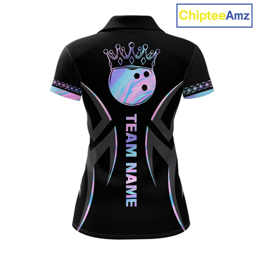 Custom Holographic Crown Bowling Ball Polo & Quarter Zip Shirt For Women, Bowling Team Jersey |Black TDM6196