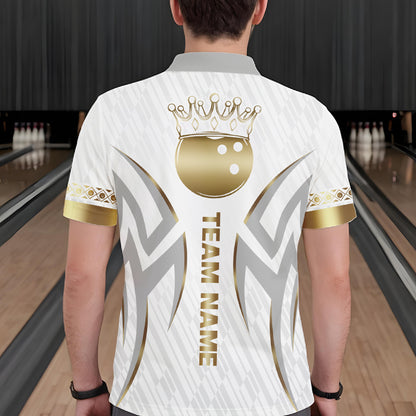 Custom Gold Bowling Ball Crown Bowling Shirt For Men, Bowling Team Jersey Polo & 1/4 Zip |White TDM6197