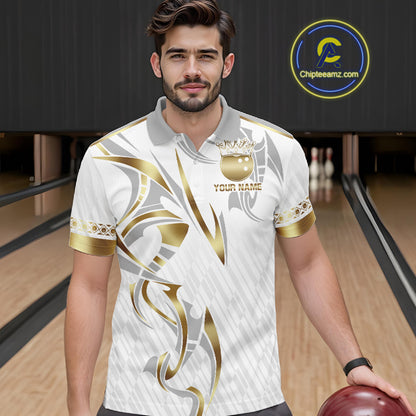 Custom Gold Bowling Ball Crown Bowling Shirt For Men, Bowling Team Jersey Polo & 1/4 Zip |White TDM6197