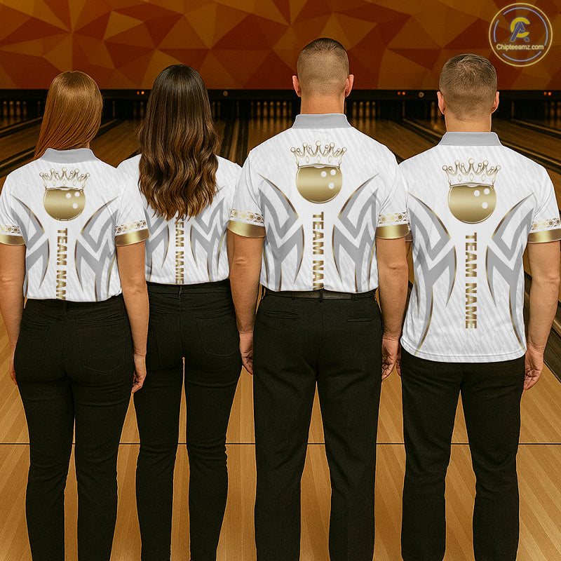 Custom Gold Bowling Ball Crown Bowling Shirt For Men, Bowling Team Jersey Polo & 1/4 Zip |White TDM6197
