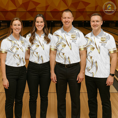 Custom Gold Bowling Ball Crown Bowling Shirt For Men, Bowling Team Jersey Polo & 1/4 Zip |White TDM6197