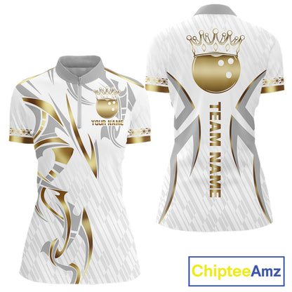 Custom Gold Bowling Ball Crown Bowling Shirt For Women, Bowling Team Jersey Polo & 1/4 Zip |White TDM6197
