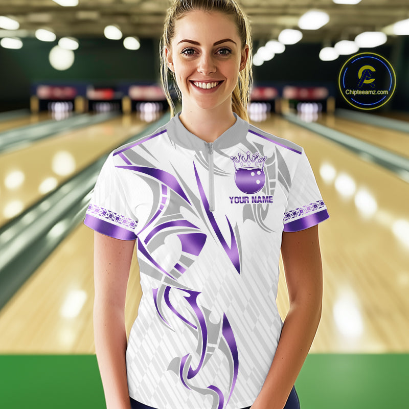 Custom Purple Bowling Ball Crown Bowling Shirt For Women, Bowling Team Jersey Polo & 1/4 Zip |White TDM6199