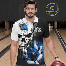 Load image into Gallery viewer, Personalized Blue Grunge Skull Bowling Shirt For Men, Bowling League Team Jersey Polo &amp; 1/4 Zip TDM6419