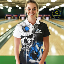 Load image into Gallery viewer, Personalized Blue Grunge Skull Bowling Shirt For Women, Bowling League Team Jersey Polo &amp; 1/4 Zip TDM6419