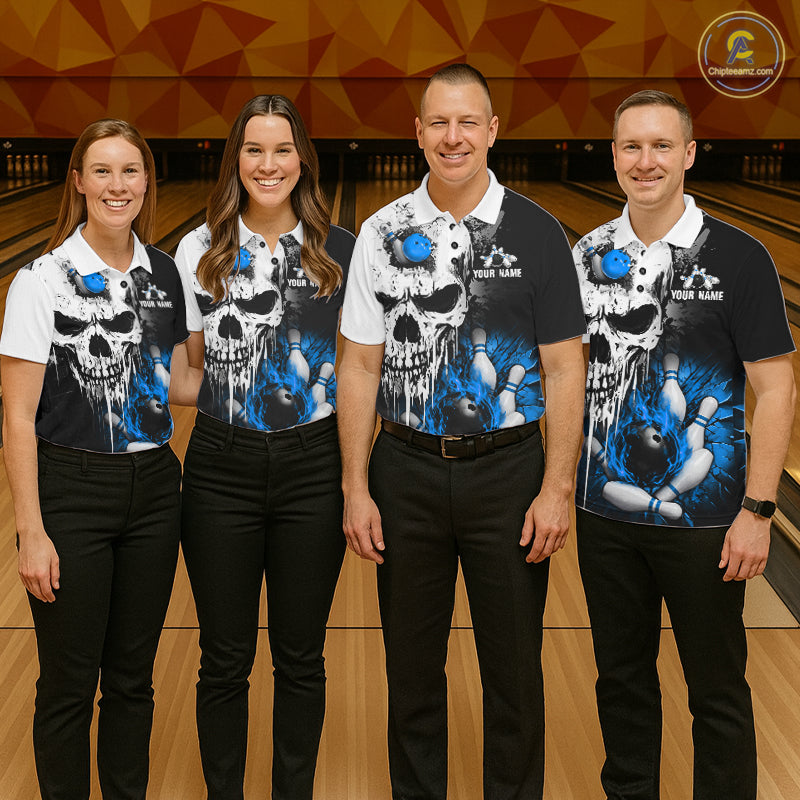 Personalized Blue Grunge Skull Bowling Shirt For Men, Bowling League Team Jersey Polo & 1/4 Zip TDM6419