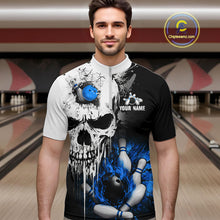 Load image into Gallery viewer, Personalized Blue Grunge Skull Bowling Shirt For Men, Bowling League Team Jersey Polo &amp; 1/4 Zip TDM6419