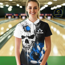 Load image into Gallery viewer, Personalized Blue Grunge Skull Bowling Shirt For Women, Bowling League Team Jersey Polo &amp; 1/4 Zip TDM6419