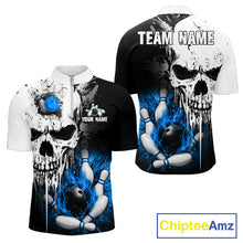 Load image into Gallery viewer, Personalized Blue Grunge Skull Bowling Shirt For Men, Bowling League Team Jersey Polo &amp; 1/4 Zip TDM6419